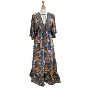 Paisley Floral Silk Blend Maxi Dress, Full Skirt, Ruffles, V-Neck, Size S-L